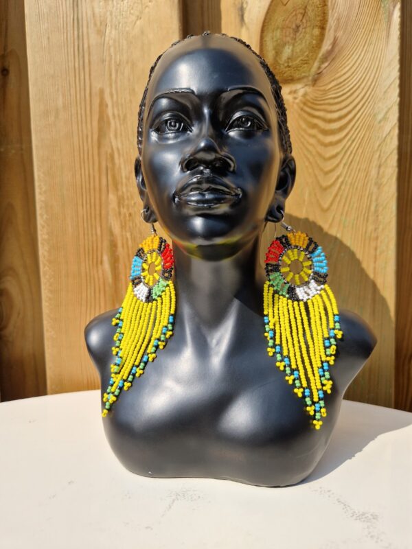 African Zulu Beaded Earrings Yellow and Blue - Image 2