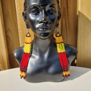 Long African Beaded Earrings Red and Yellow