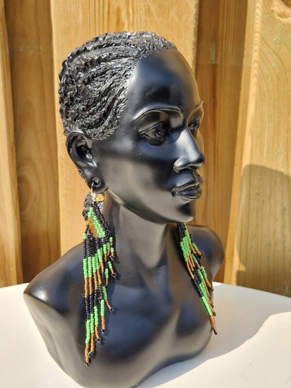 African Beaded Earrings Black, Green and Brown - Image 2