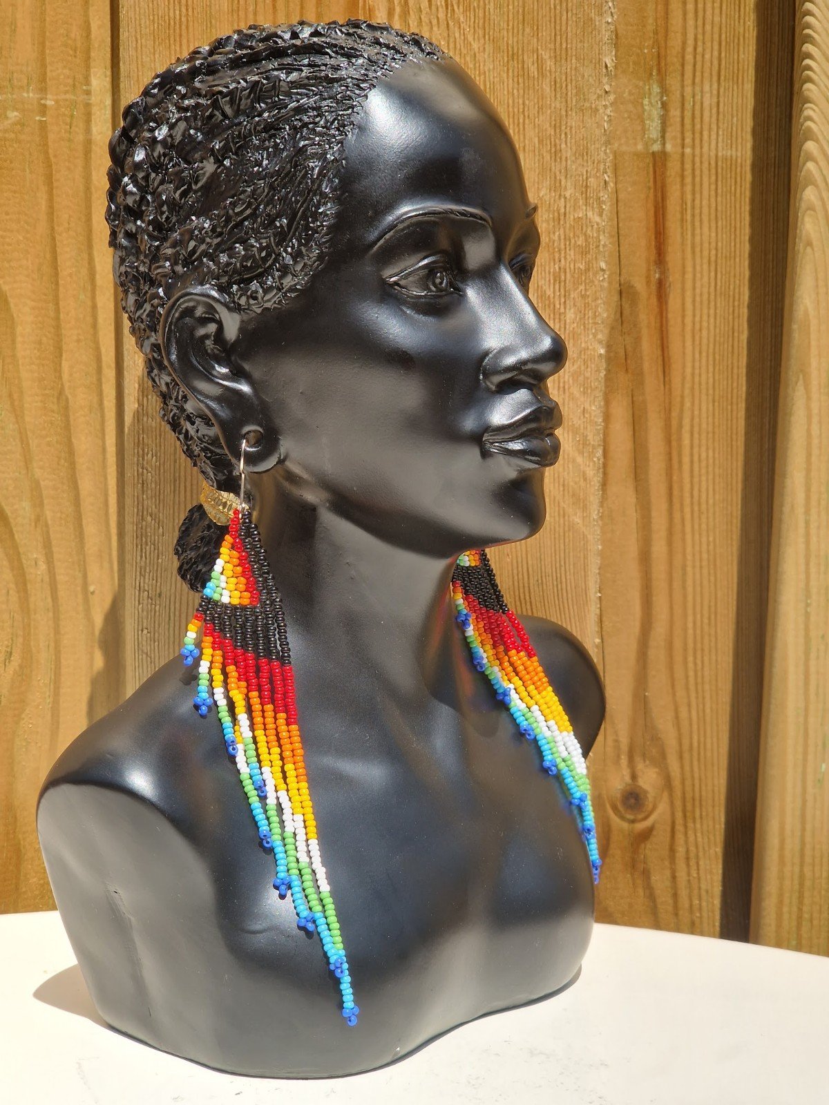 African Beaded Earrings Black, Red, Orange, Yellow and White and Blue