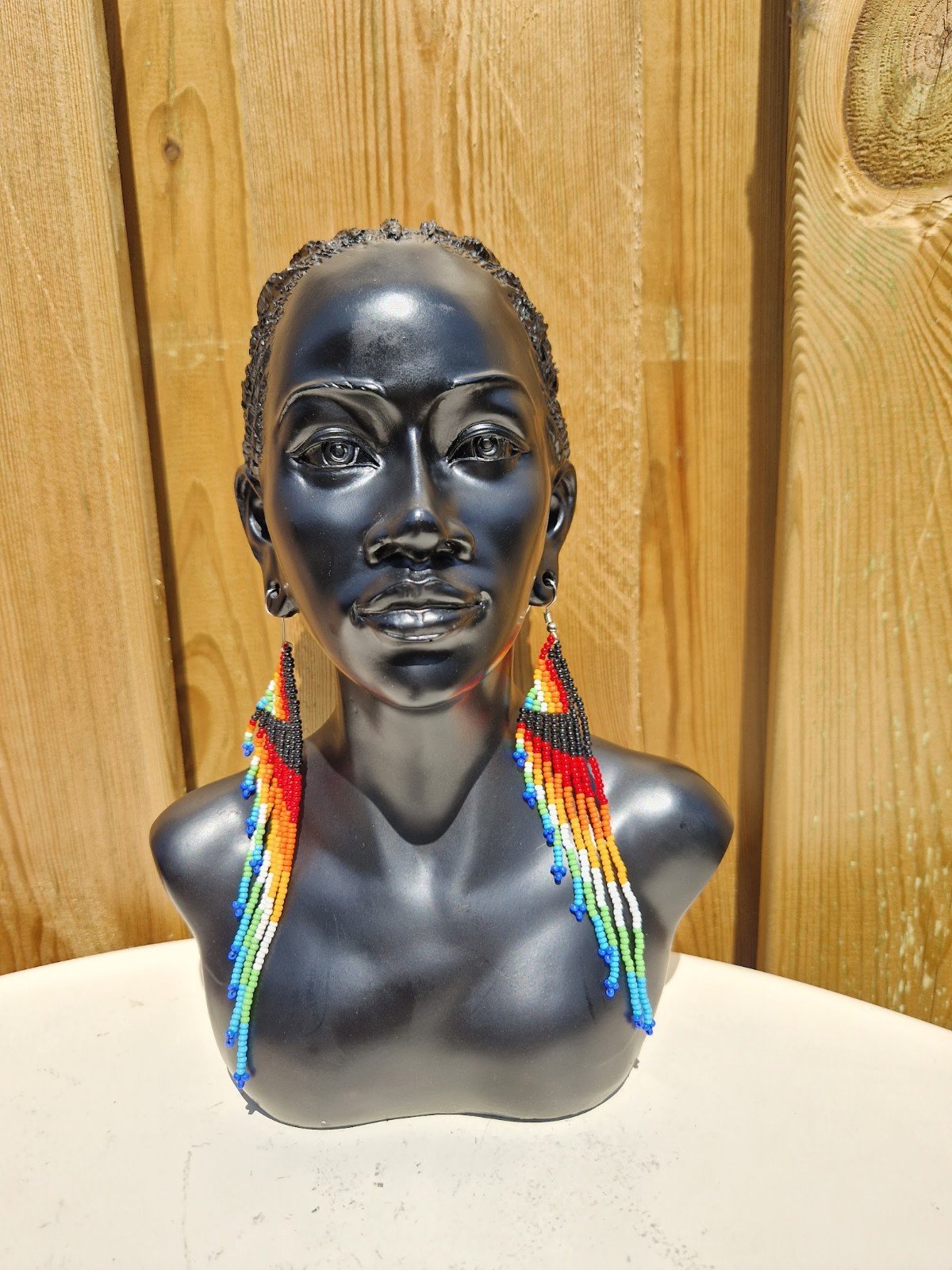 African Beaded Earrings Black, Red, Orange, Yellow and White and Blue - Image 2