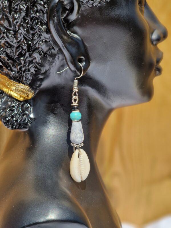 African Cowrie Shell, Bead and Enamel Earrings - Image 2
