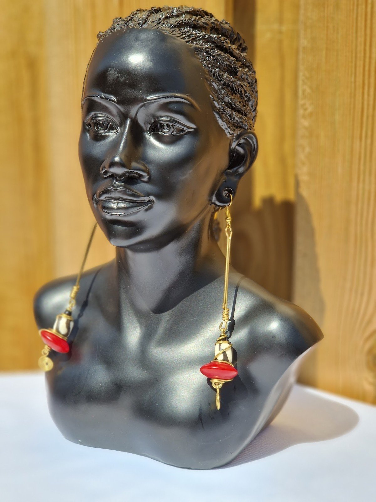 African Black and White Enamel and Saucer-Shaped Bead Earrings