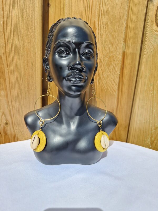 African Circular Metal and Yellow Bead and Cowrie Shell Earrings - Image 2