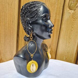 African Circular Metal and Yellow Bead and Cowrie Shell Earrings