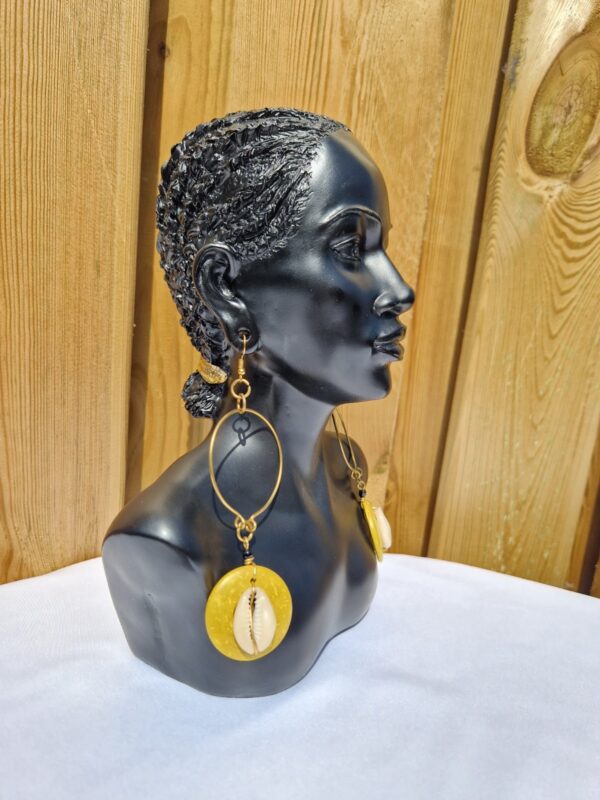 African Circular Metal and Yellow Bead and Cowrie Shell Earrings