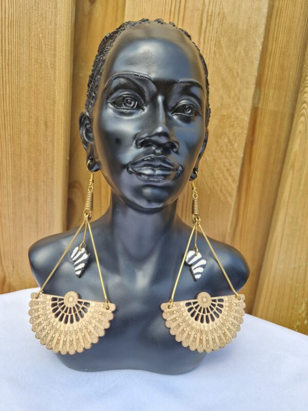 African Black and White Striped Enamel and Fan Earrings - Image 2