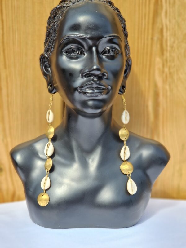 African Cowrie Shells and Gold Discs Earrings - Image 2
